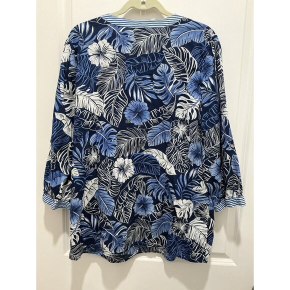 Talbots Hibiscus Palms Tunic XL Blue White VNeck 3/4 Sleeve - Picture 5 of 10